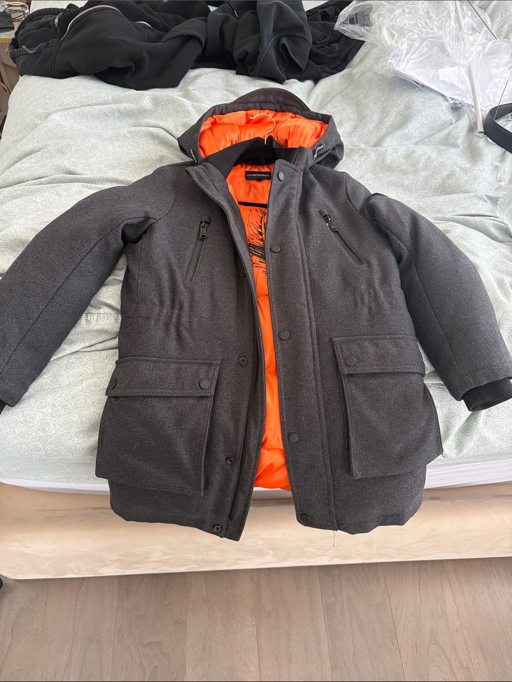 Emporio Armani Kids Black Coat with Orange Lining